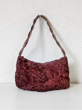 Paolo Masi Lamb Fur & Leather Handbag Curly Fur Twist Shoulder Strap Bordeaux